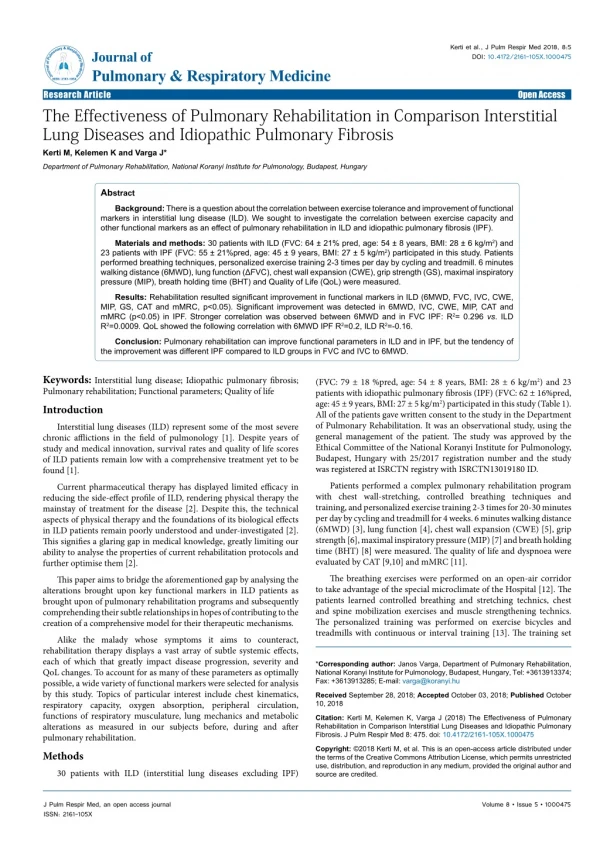 The Effectiveness of Pulmonary Rehabilitation in Comparison Interstitial Lung Diseases and Idiopathic Pulmonary Fibrosis