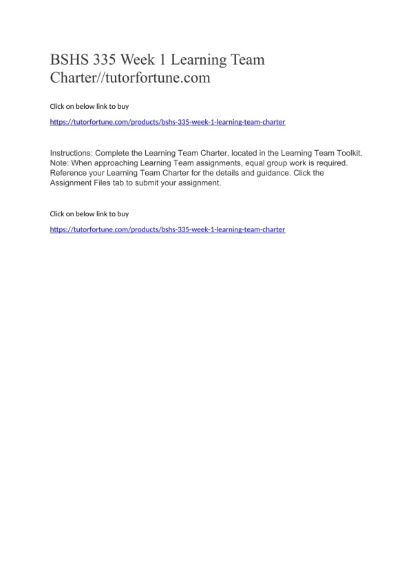 BSHS 335 Week 1 Learning Team Charter//tutorfortune.com