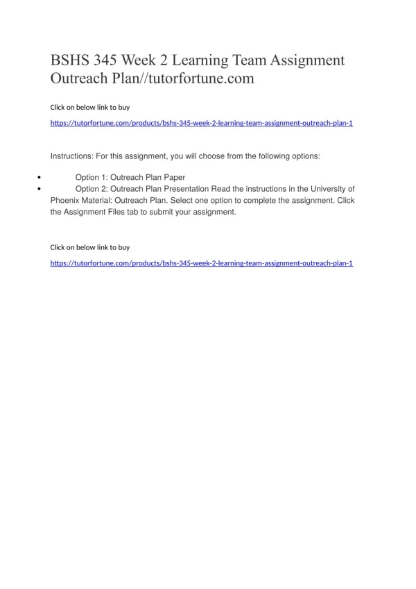 BSHS 345 Week 2 Learning Team Assignment Outreach Plan//tutorfortune.com