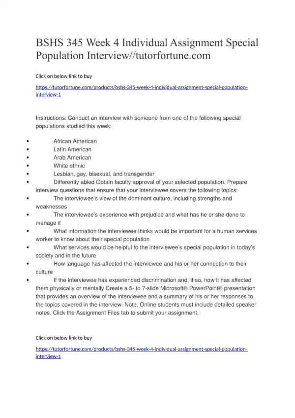 BSHS 345 Week 4 Individual Assignment Special Population Interview//tutorfortune.com