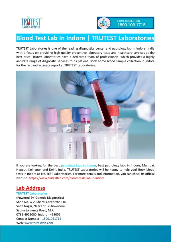 Blood Test Lab in Indore-TRUTEST Laboratories