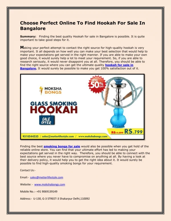 Choose Perfect Online To Find Hookah For Sale In Bangalore | Mokshabongs