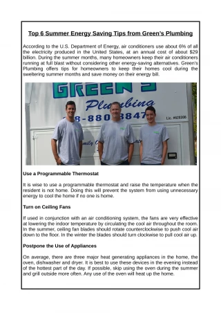 Top 6 Summer Energy Saving Tips from Green’s Plumbing - slide 1