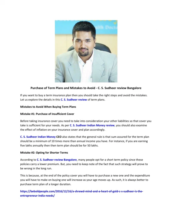 Purchase of Term Plans and Mistakes to Avoid - C. S. Sudheer review Bangalore