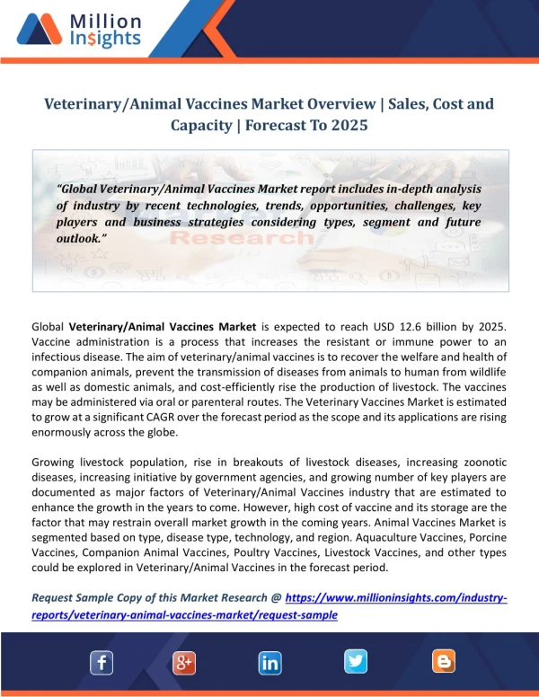 Veterinary/Animal Vaccines Market Overview | Sales, Cost and Capacity | Forecast To 2025