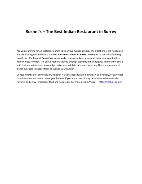 Roshni’s – The Best Indian Restaurant in Surrey