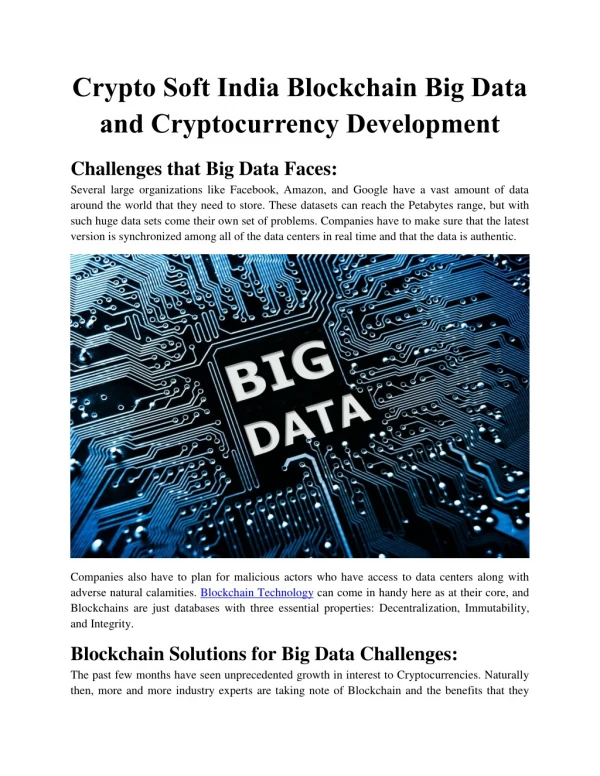 Crypto Soft India Blockchain Big Data and Cryptocurrency Development