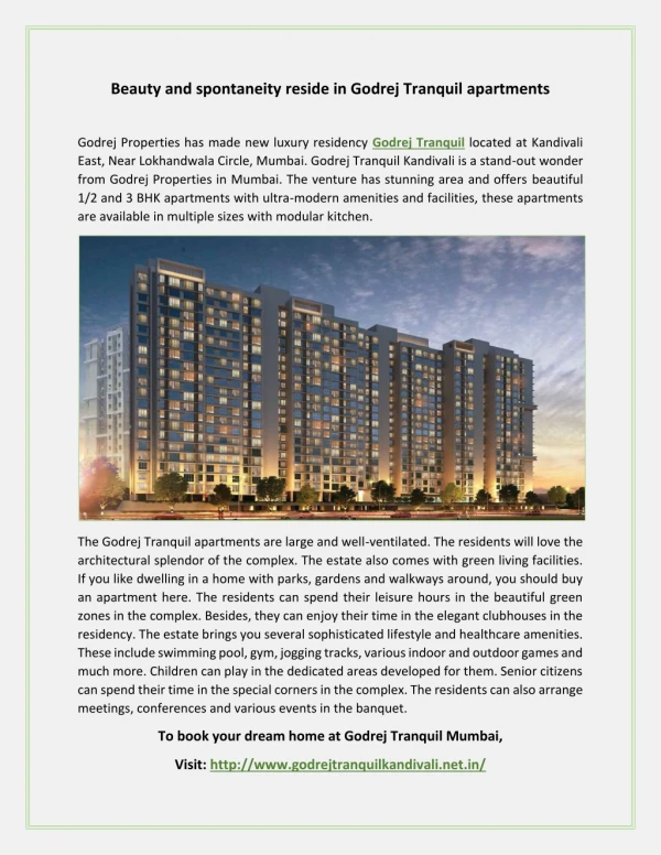 Beauty and spontaneity reside in Godrej Tranquil apartments