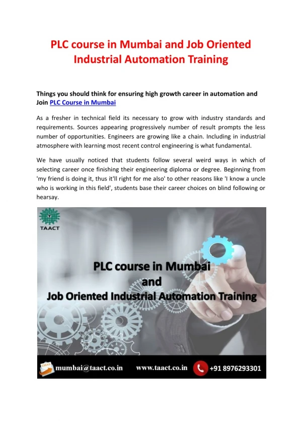 PLC course in Mumbai and Job Oriented Industrial Automation Training