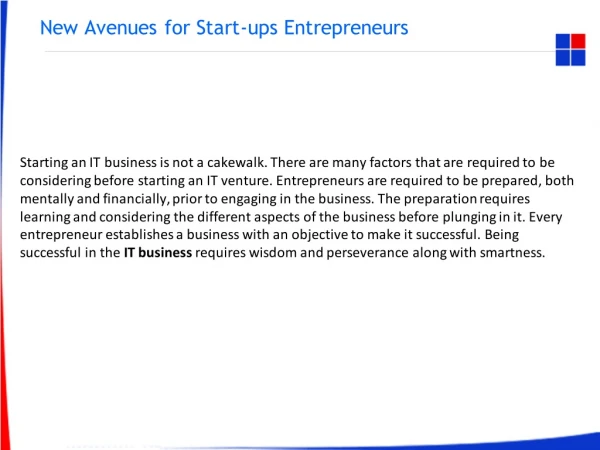 New Avenues for Start-ups Entrepreneurs