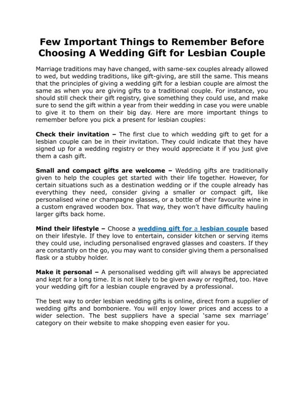 Few Important Things to Remember Before Choosing A Wedding Gift for Lesbian Couple