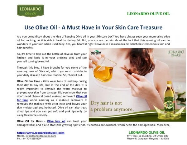 Use Olive Oil - A Must Have in Your Skin Care Treasure