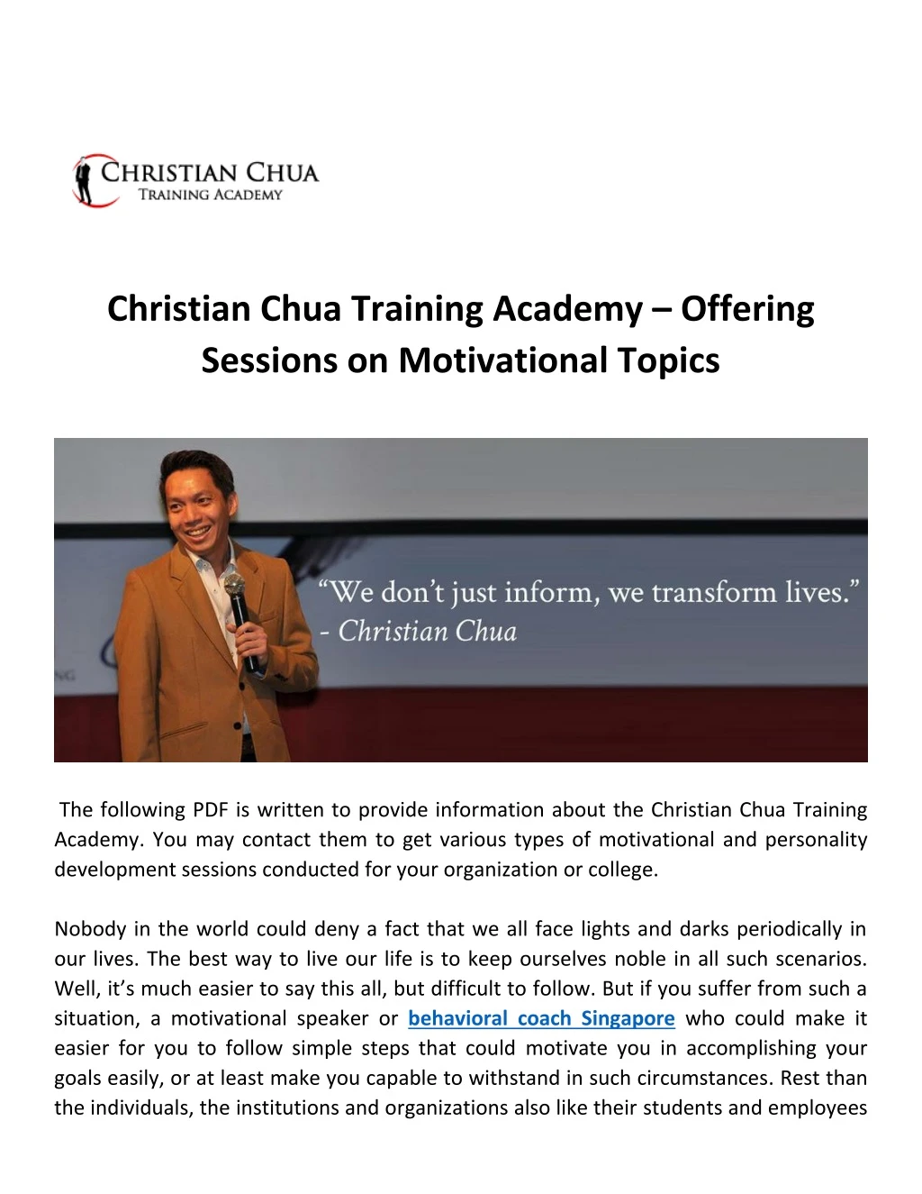 christian chua training academy offering sessions