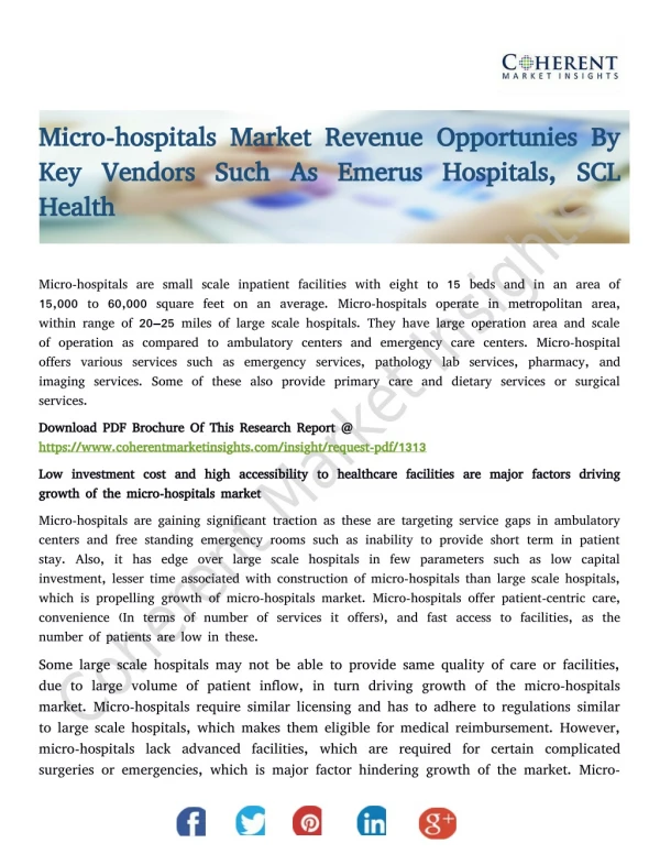 Micro-hospitals Market Revenue Opportunies By Key Vendors Such As Emerus Hospitals, SCL Health