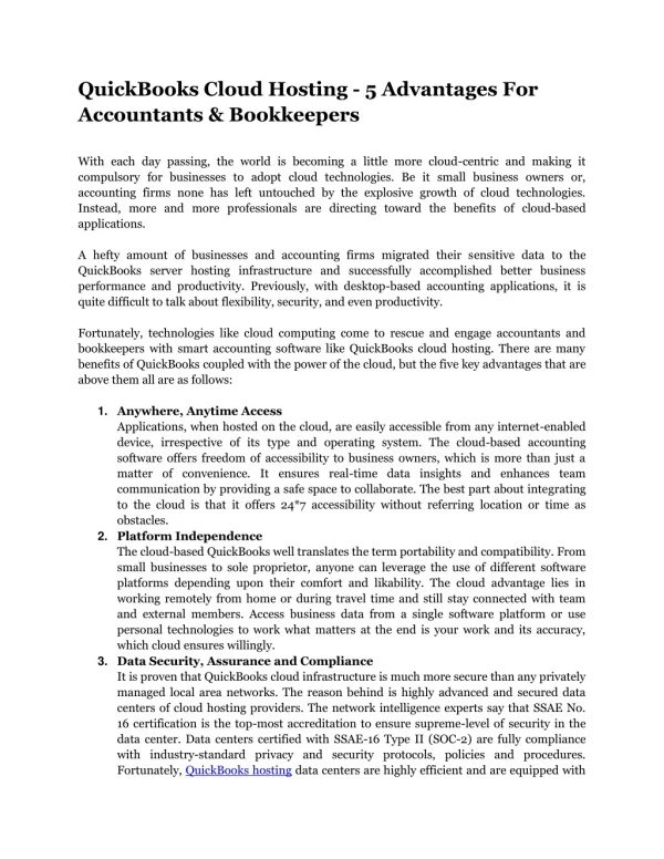 QuickBooks Cloud Hosting - 5 Advantages For Accountants & Bookkeepers