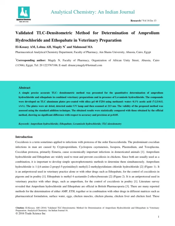 Validated TLC-Densitometric Method for Determination of Amprolium Hydrochloride and Ethopabate in Veterinary Preparation