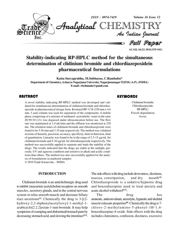 Stability-indicating RP-HPLC method for the simultaneous determination of clidinium bromide and chlordiazepoxidein pharm