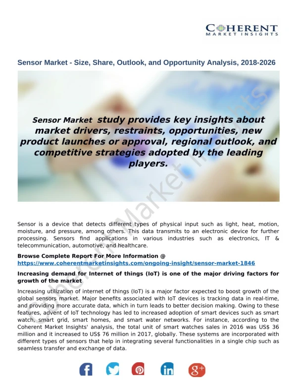 Sensor Market - Size, Share, Outlook, and Opportunity Analysis, 2018-2026