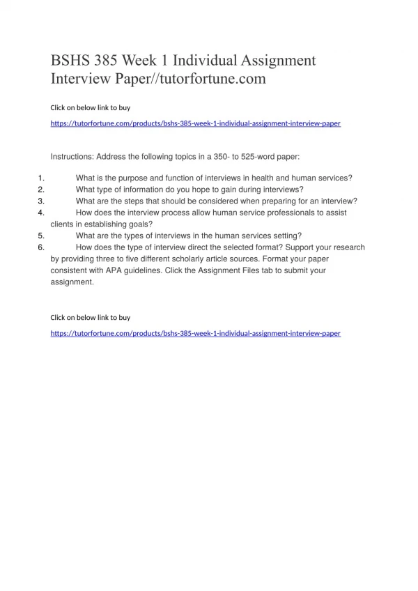 BSHS 385 Week 1 Individual Assignment Interview Paper//tutorfortune.com