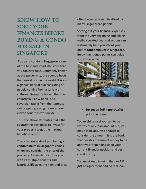 Know how to sort your finances before buying a condo for sale in Singapore