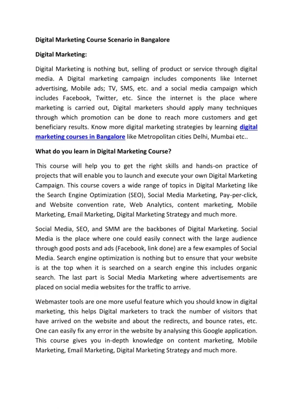 digital marketing course scenario in bangalore