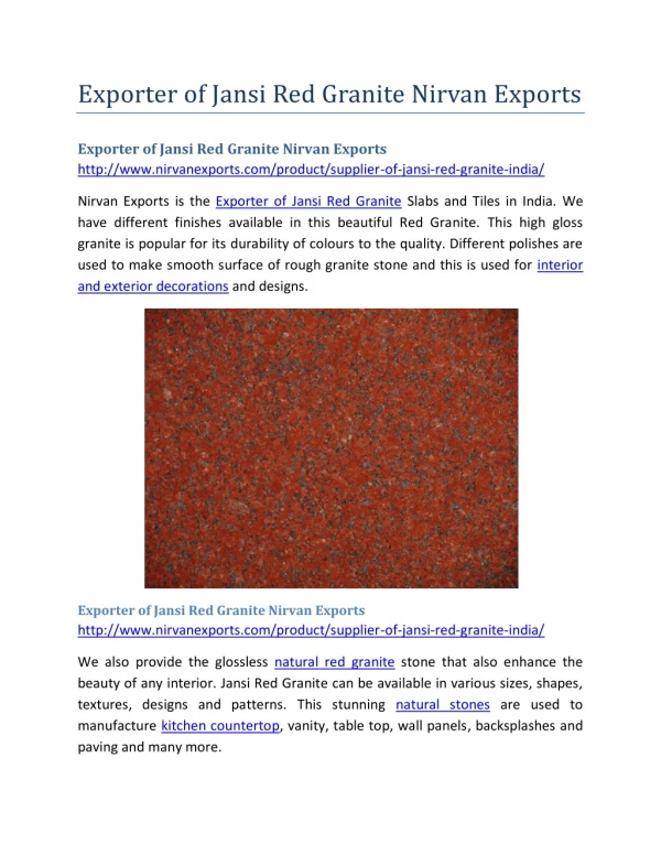 Exporter of Jansi Red Granite Nirvan Exports