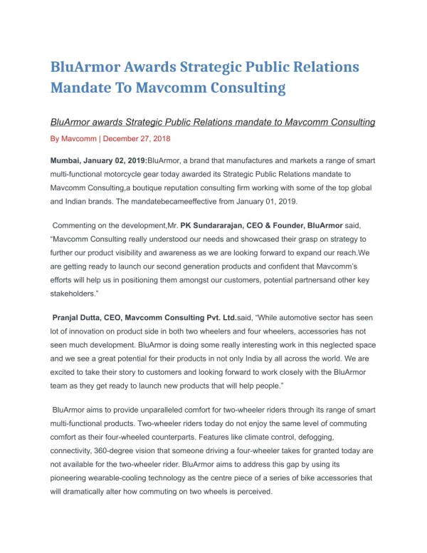 Blu armor awards strategic public relations mandate to mavcomm consulting