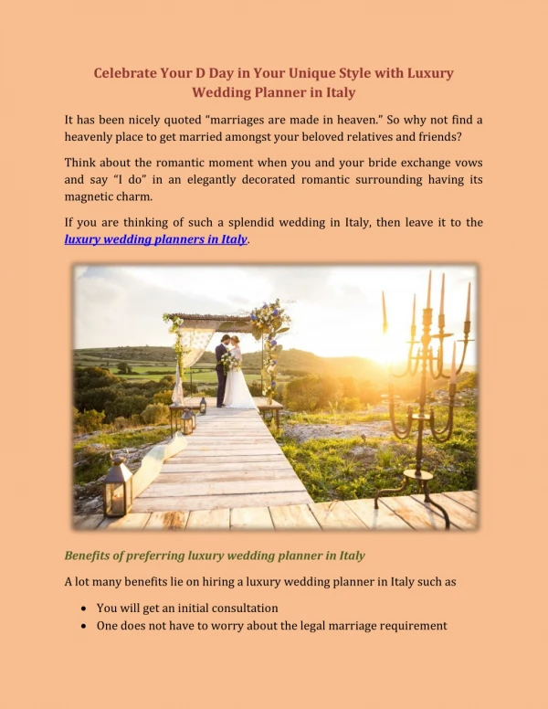 Celebrate Your D Day in Your Unique Style with Luxury Wedding Planner in Italy