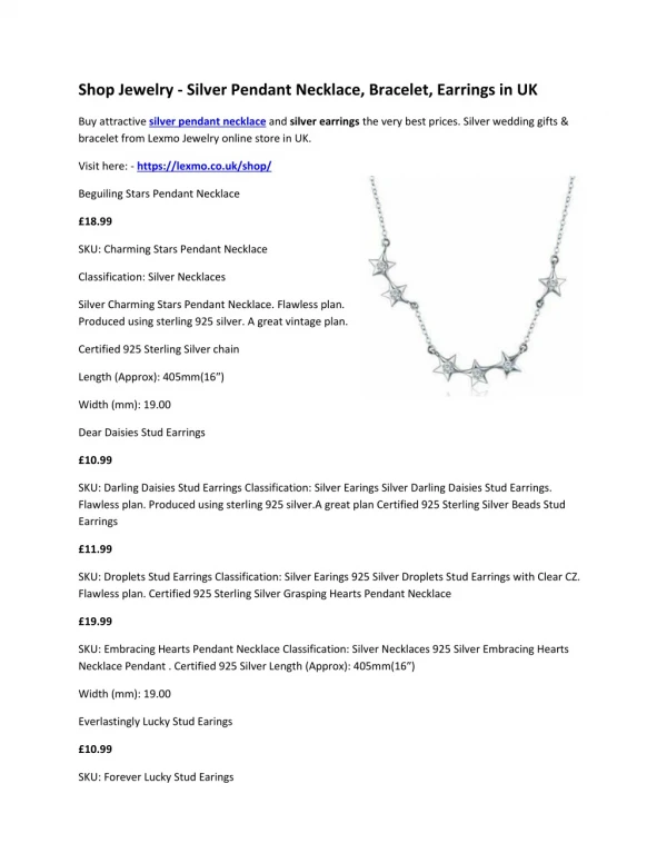 Shop Jewelry - Silver Pendant Necklace, Bracelet, Earrings in UK