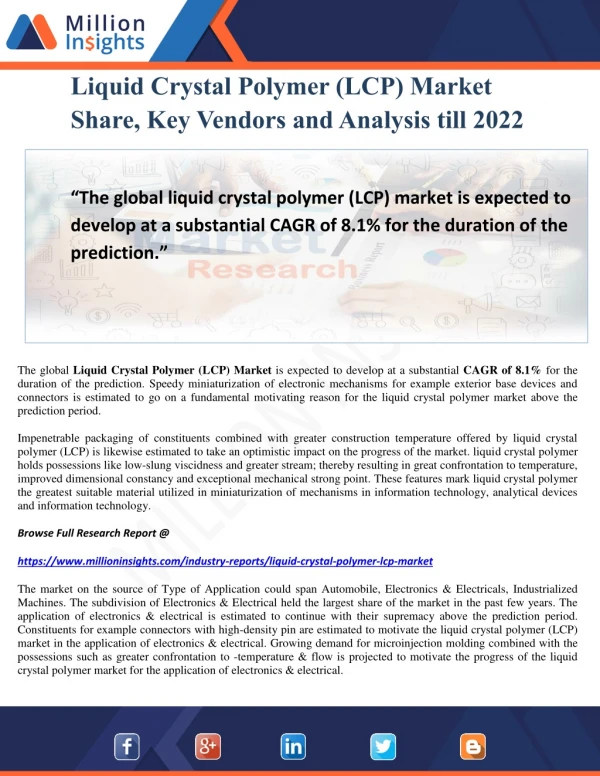 Liquid Crystal Polymer (LCP) Market Share, Key Vendors and Analysis till 2022