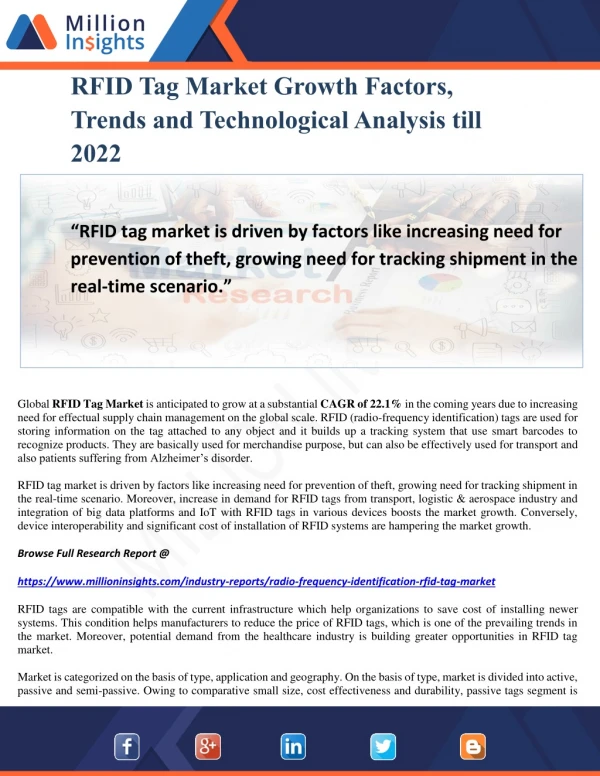 RFID Tag Market Growth Factors, Trends and Technological Analysis till 2022