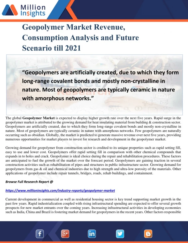 Geopolymer Market Revenue, Consumption Analysis and Future Scenario till 2021
