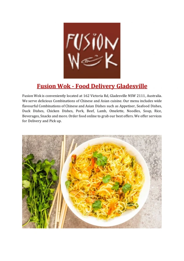 15% Off - Fusion Wok-Gladesville - Order Food Online