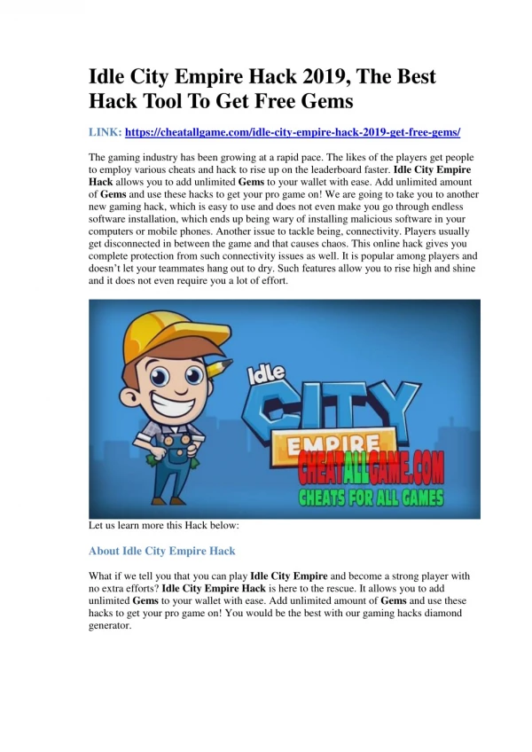 Idle City Empire Hack 2019, The Best Hack Tool To Get Free Gems