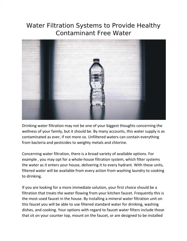 Water Filtration Systems to Provide Healthy Contaminant Free Water
