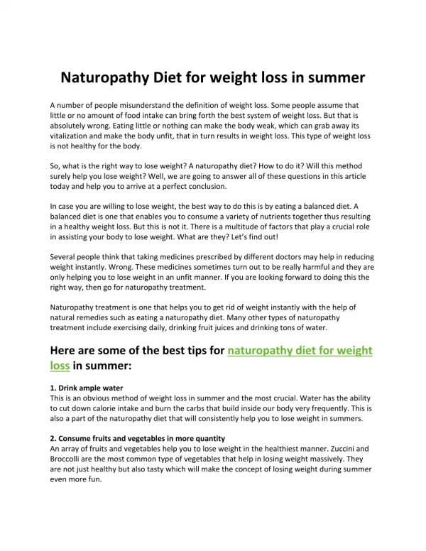 Naturopathy Diet for weight loss in summer