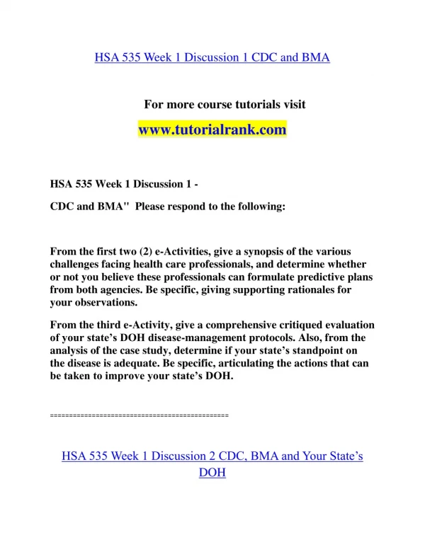 hsa 535 week 1 discussion 1 cdc and bma