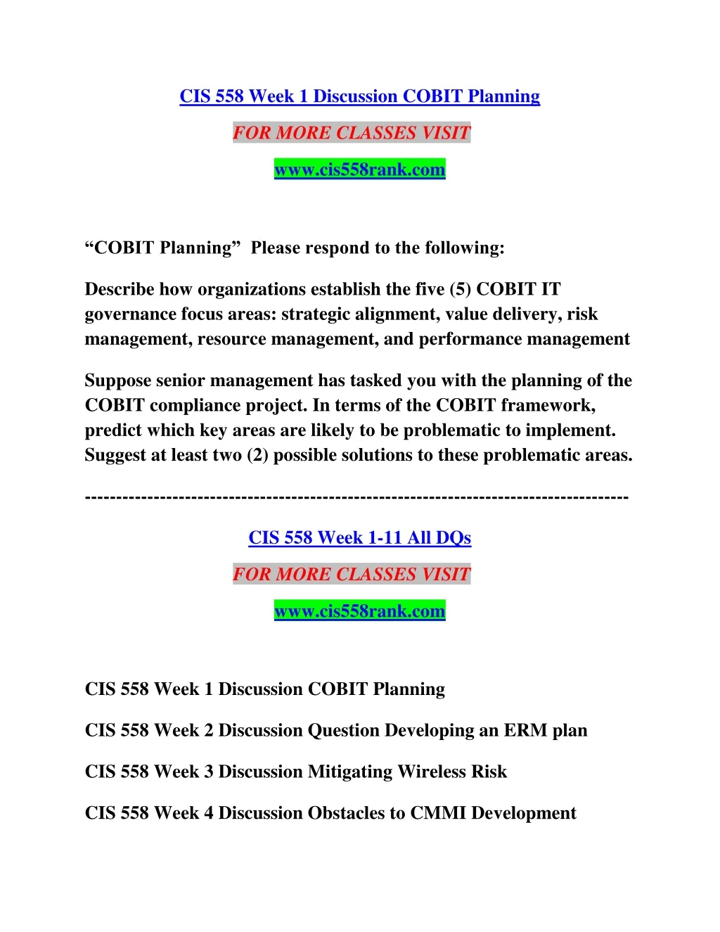 cis 558 week 1 discussion cobit planning