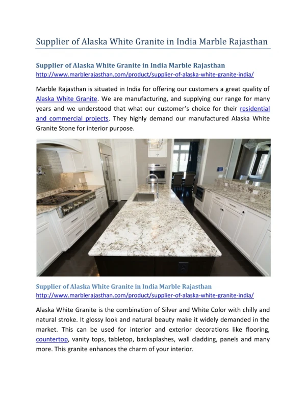 Supplier of Alaska White Granite in India Marble Rajasthan