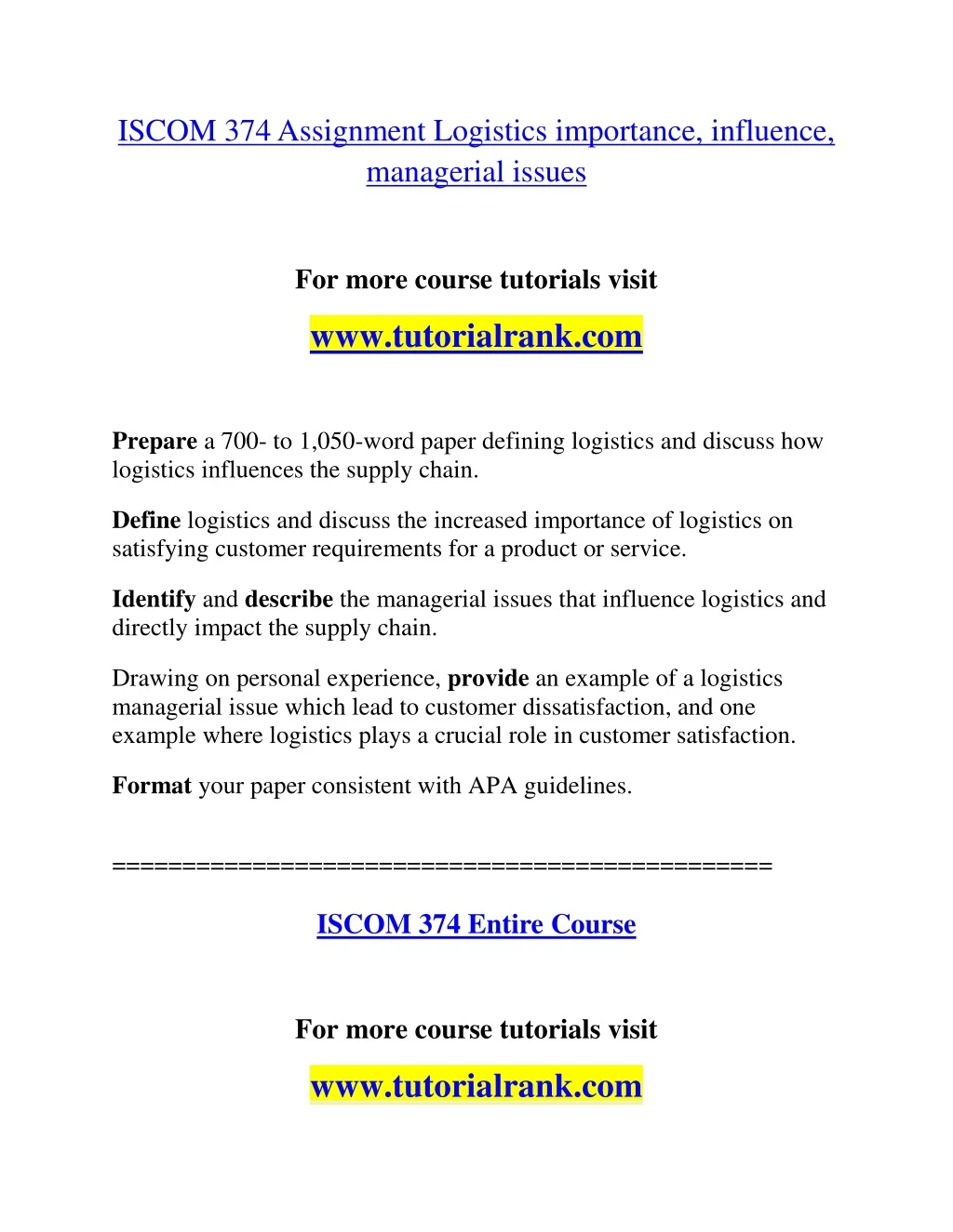 iscom 374 assignment logistics importance