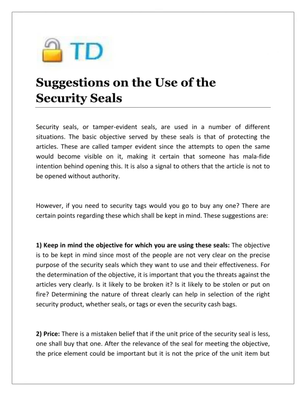 Suggestions on the Use of the Security Seals