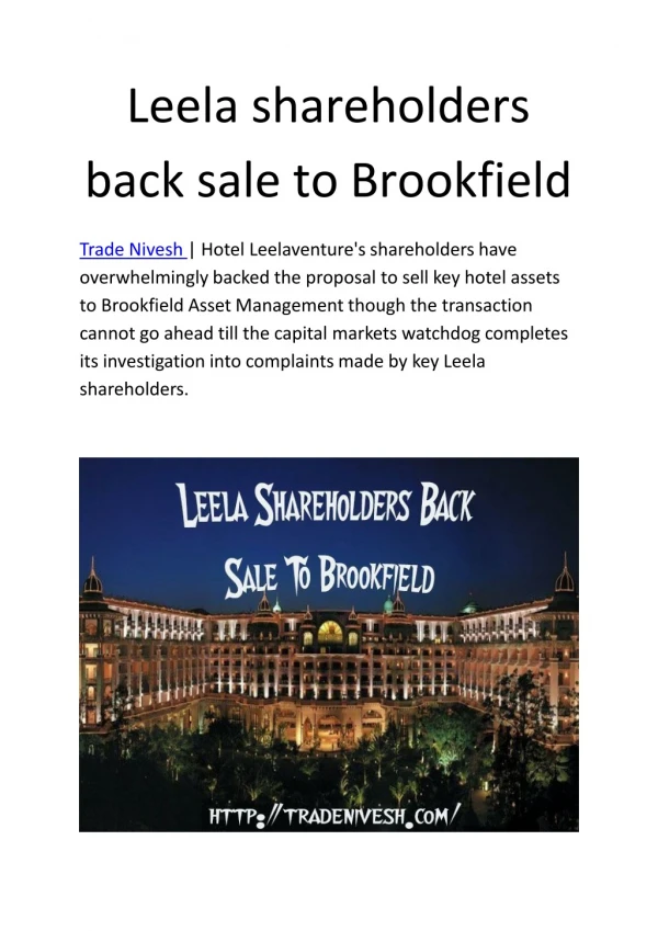 Leela shareholders back sale to Brookfield