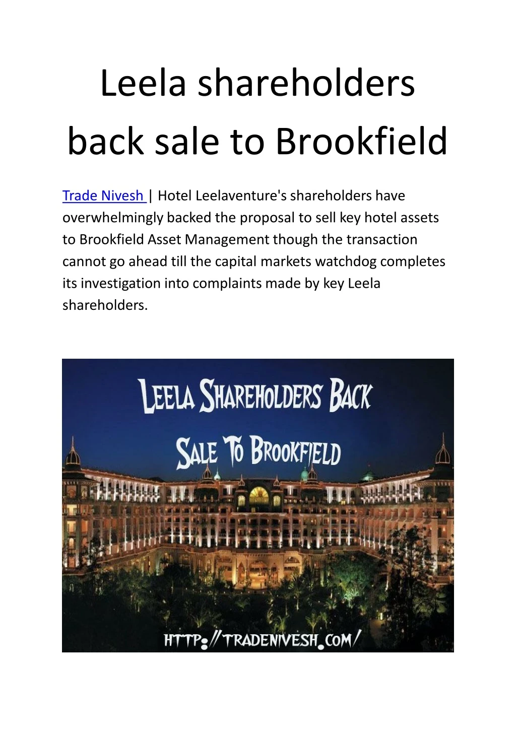 leela shareholders back sale to brookfield