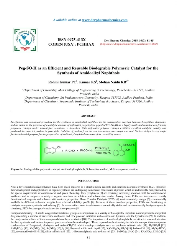 Peg-SO3H as an Efficient and Reusable Biodegrable Polymeric Catalyst for the Synthesis of Amidoalkyl Naphthols