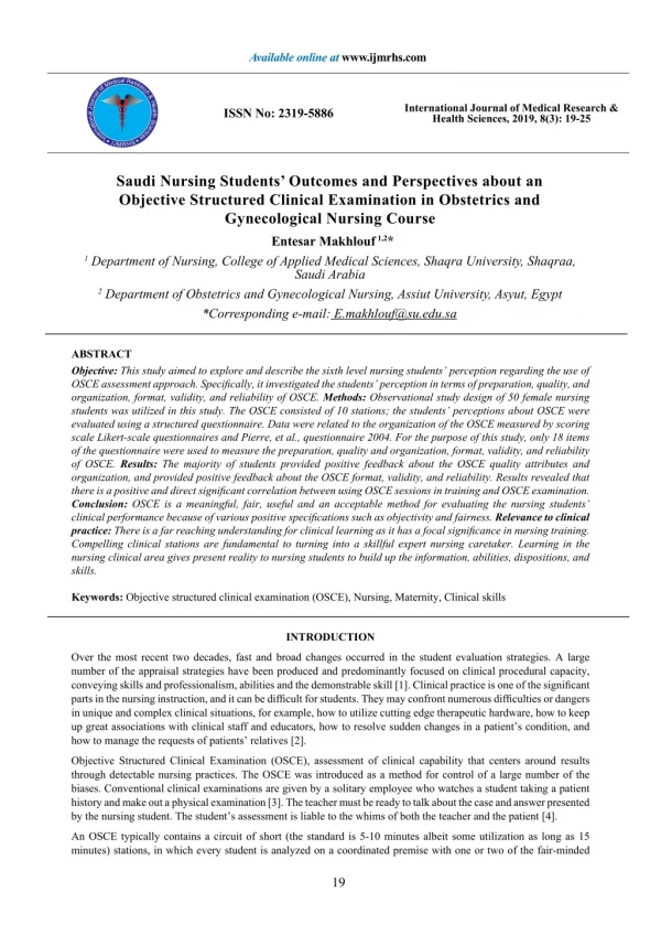 Saudi Nursing Students’ Outcomes and Perspectives about an Objective Structured Clinical Examination in Obstetrics and N