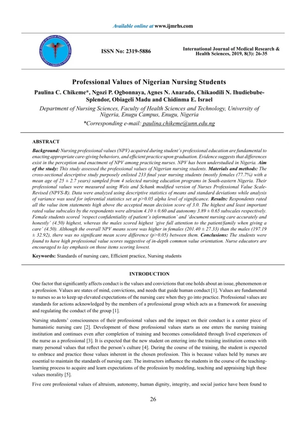 Professional Values of Nigerian Nursing Students
