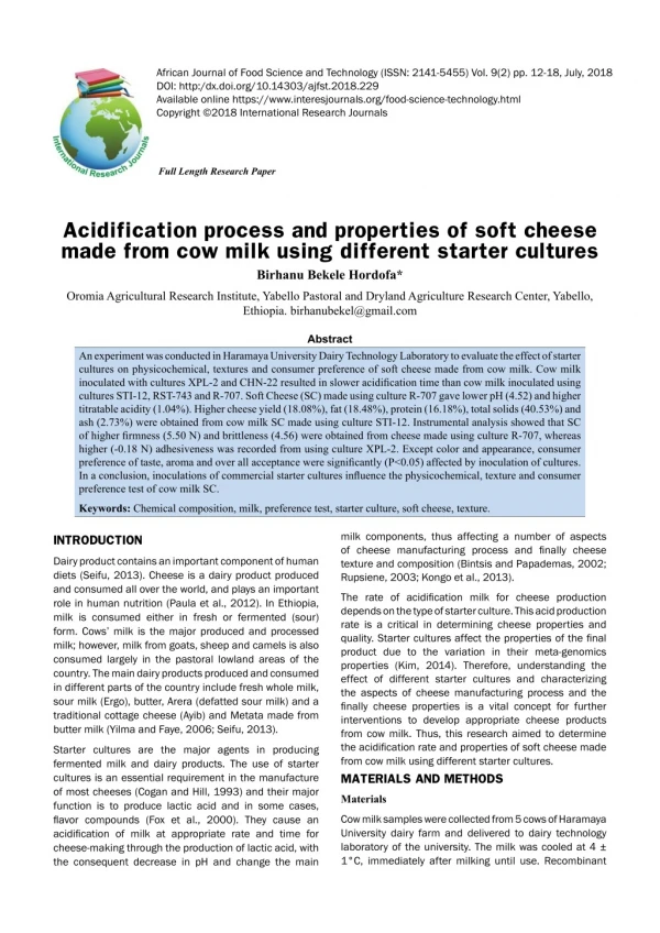 Acidification process and properties of soft cheese made from cow milk using different starter cultures