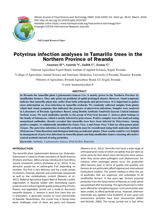 Potyvirus infection analyses in Tamarillo trees in the Northern Province of Rwanda