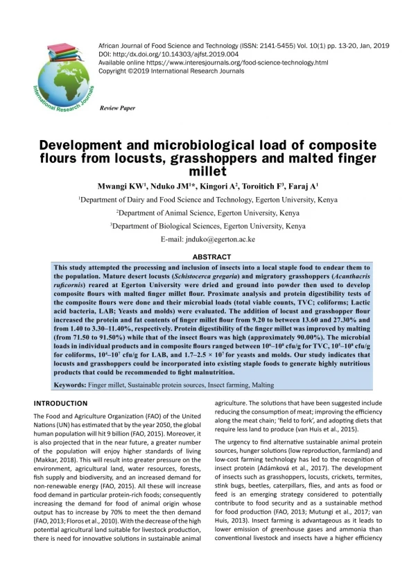 Development and microbiological load of composite flours from locusts, grasshoppers and malted finger millet