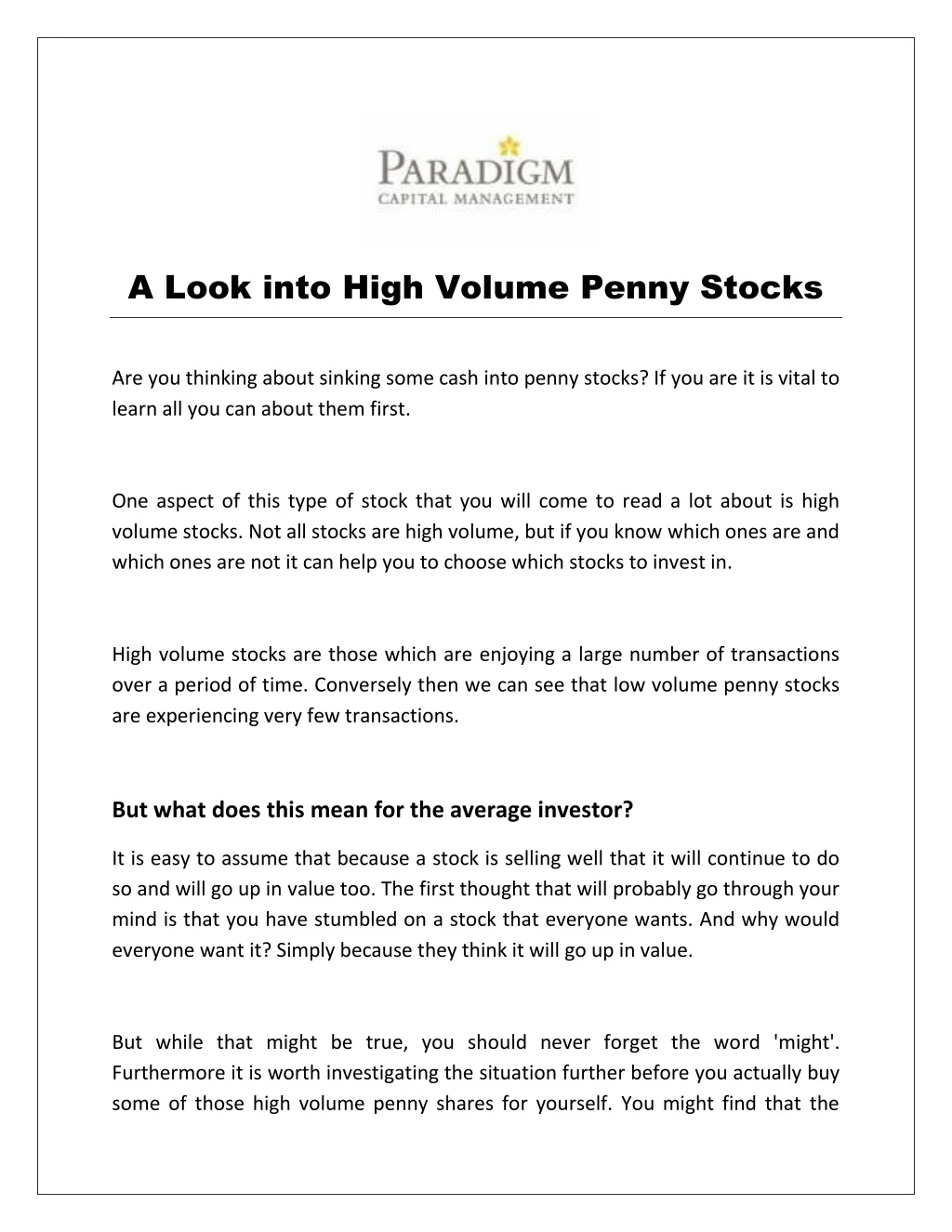 a look into high volume penny stocks